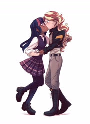 Size: 2958x4096 | Tagged: safe, artist:_evelili, sci-twi, sunset shimmer, twilight sparkle, human, equestria girls, blushing, boots, clothes, crystal prep academy uniform, dark skin, duo, duo female, female, humanized, kiss on the lips, kissing, lesbian, school uniform, scitwishimmer, shipping, shoes, simple background, sunsetsparkle, white background
