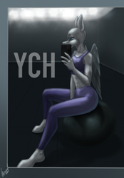 Size: 1640x2360 | Tagged: safe, artist:stirren, anthro, aerobics, ball, bra, cellphone, clothes, commission, female, leggings, mirror, phone, sitting, smartphone, solo, sports bra, sports leggings, underwear, your character here