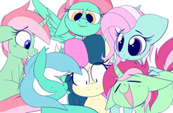 Size: 2517x1637 | Tagged: safe, artist:dragonpone, derpibooru exclusive, bon bon, cotton mint, lyra heartstrings, minty, minty breeze, minty bubblegum, sweetie drops, earth pony, pegasus, pony, unicorn, g3, g4, bipedal, bipedal leaning, blushing, bonbreeze, bonbubblegum, bonmint, eyes closed, female, floppy ears, flying, g3 to g4, generation leap, group, leaning, lesbian, lidded eyes, lip bite, looking down, mare, mintybon, nervous, open mouth, open smile, pinpoint eyes, ship:lyrabon, shipping, sitting, smiling, spread wings, sweat, tongue out, wings