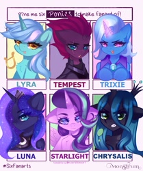 Size: 2572x3072 | Tagged: safe, artist:monstrum, lyra heartstrings, princess luna, queen chrysalis, starlight glimmer, tempest shadow, trixie, alicorn, changeling, changeling queen, pony, unicorn, g4, alicornified, female, high res, race swap, six fanarts, starlicorn, xk-class end-of-the-world scenario