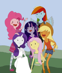 Size: 754x891 | Tagged: safe, artist:bakasiaxd, applejack, fluttershy, pinkie pie, rainbow dash, rarity, twilight sparkle, human, g4, adventure time, alternate design, boots, bracelet, clothes, cowboy hat, dress, group photo, hairband, hat, horn, horned humanization, hot pants, humanized, jewelry, male, mane six, necklace, one eye closed, open mouth, shoes, skirt, style emulation, tank top, tights, wink