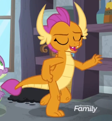 Size: 724x783 | Tagged: safe, screencap, smolder, spike, dragon, g4, molt down, season 8, cropped, discovery family, discovery family logo, dragoness, female, logo, solo focus