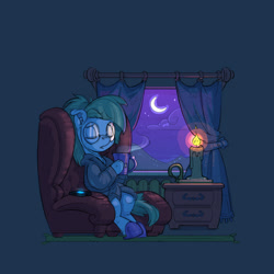 Size: 800x800 | Tagged: safe, artist:gor1ck, oc, oc only, oc:whispy slippers, earth pony, pony, advertisement, armchair, bathrobe, candle, cellphone, clothes, commission, crescent moon, curtains, earbuds, glasses, moon, mug, phone, robe, slippers, smartphone, solo, window, ych example, your character here