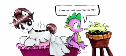 Size: 3638x1632 | Tagged: safe, artist:liaaqila, raven, spike, dragon, pony, unicorn, g4, bed, chest fluff, cute, dialogue, duo, female, fire, hair bun, hot stone massage, interspecies, lying down, lying on bed, male, mare, massage, massage table, mundane utility, older, older spike, on bed, open mouth, prone, ravenbetes, rock, ship:ravenspike, shipping, simple background, sitting, sitting on bed, speech bubble, spikabetes, straight, towel, traditional art, white background, winged spike, wings