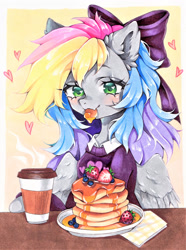 Size: 1739x2338 | Tagged: safe, artist:manekoart, oc, oc only, oc:blazey sketch, pegasus, pony, blueberry, bow, clothes, coffee, cute, ear fluff, food, green eyes, grey fur, hair bow, heart, long hair, multicolored hair, pancakes, pastel, pegasus oc, solo, strawberry, sweater