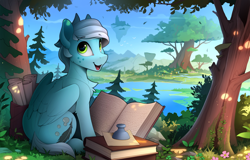 Size: 2350x1505 | Tagged: safe, artist:yakovlev-vad, oc, oc only, pegasus, pony, book, chest fluff, floating island, forest, freckles, inkwell, lacrimal caruncle, nature, open mouth, open smile, outdoors, patreon, patreon reward, pegasus oc, scenery, scroll, sitting, slender, smiling, solo, sternocleidomastoid, thin, tree, water, wings