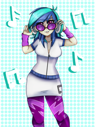 Size: 2048x2732 | Tagged: safe, artist:kittygutzzart, dj pon-3, vinyl scratch, human, equestria girls, g4, arm warmers, clothes, cute, female, grin, high res, leggings, music notes, shirt, skirt, smiling, solo, vinyl's glasses, vinylbetes