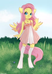 Size: 2480x3508 | Tagged: safe, artist:cloud_up, artist:cottonaime, fluttershy, pegasus, anthro, unguligrade anthro, g4, clothes, collaboration, cute, dress, high res, jewelry, looking at you, outdoors, pendant, shyabetes, socks, solo, spread wings, stockings, sundress, thigh highs, wings