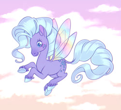 Size: 1100x1000 | Tagged: safe, artist:generalghosty, forget-me-not, flutter pony, pony, g1, cloud, cute, eyelashes, female, flying, forget me not can fly, forgetmedorable, hooves, mare, sky, smiling, solo, tail, unshorn fetlocks, wings
