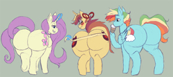 Size: 1500x668 | Tagged: safe, artist:weasselk, oc, oc:charitable nature, oc:creamy clouds, oc:sparkling apples, earth pony, pegasus, pony, unicorn, blushing, bow, butt, coffee, commissioner:bigonionbean, embarrassed, female, flank, fusion, fusion:apple bloom, fusion:bow hothoof, fusion:dinky hooves, fusion:fluttershy, fusion:gentle breeze, fusion:rarity, hair bow, huge butt, large butt, magic, male, mare, measuring, measuring tape, not an alicorn, plot, shocked, stallion, the ass was fat, writer:bigonionbean