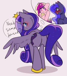 Size: 2209x2489 | Tagged: safe, artist:pledus, princess cadance, princess luna, oc, oc:princess luminescent love, alicorn, pony, g4, alicorn oc, blue eyes, blushing, butt, cheek fluff, commissioner:bigonionbean, crown, cutie mark, dialogue, embarrassed, ethereal mane, female, flank, fusion, fusion:lundance, fusion:princess cadance, fusion:princess luna, high res, hoof shoes, horn, jewelry, looking at you, looking back, looking back at you, lovebutt, mare, moonbutt, pink background, plot, princess shoes, regalia, simple background, sparkly mane, sparkly tail, speech, speech bubble, spread wings, standing, sweat, sweatdrop, sweatdrops, tail, talking, text, thought bubble, tiara, wings, writer:bigonionbean