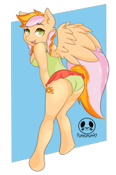 Size: 2894x4341 | Tagged: safe, artist:panda-man90, oc, oc:learning curve, earth pony, pegasus, anthro, unguligrade anthro, ass, butt, clothes, commissioner:bigonionbean, cutie mark, cutie mark on anthro, female, fusion, fusion:cheerilee, fusion:spitfire, looking at you, looking back, mare, one-piece swimsuit, pigtails, skirt, skirt lift, solo, swimsuit, wings, writer:bigonionbean