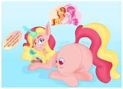 Size: 7072x5152 | Tagged: safe, artist:moonsacher, pinkie pie, sunset shimmer, oc, oc:sunbutter cookies, earth pony, pony, unicorn, g4, bag, butt, butt shake, candy, commissioner:bigonionbean, cookie, dialogue, eating, female, flank, food, fusion, fusion:pinkie pie, fusion:sunset shimmer, horn, looking at you, lying down, magic, mare, pinkie sense, plot, prone, sweets, thought bubble, writer:bigonionbean