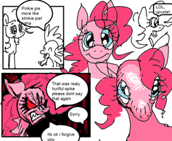 Size: 640x524 | Tagged: safe, artist:dhovorei, pinkie pie, spike, dragon, earth pony, pony, g4, >:), angry, blue eyes, comic, duo, ears back, ms paint, red eyes, shadow, simple background, speech bubble