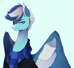 Size: 2118x1943 | Tagged: safe, artist:clefficia, oc, oc:wind storm, pegasus, pony, blue background, clothes, male, scarf, simple background, solo, stallion