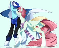 Size: 2118x1736 | Tagged: safe, artist:clefficia, oc, oc only, oc:celestial star, oc:wind storm, pegasus, pony, clothes, duo, female, kissing, male, mare, scarf, simple background, stallion