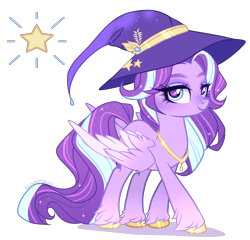 Size: 1557x1492 | Tagged: safe, artist:gihhbloonde, oc, oc only, pegasus, pony, blue eyes, colored hooves, colored wings, colored wingtips, eyeshadow, female, folded wings, gradient wings, hat, hoof polish, jewelry, light blue eyes, looking at you, magical lesbian spawn, makeup, mare, multicolored wings, necklace, offspring, parent:pipp petals, parent:trixie, parents:pixie, simple background, smiling, smiling at you, solo, sparkly mane, sparkly tail, tail, transparent background, unshorn fetlocks, walking, wings, witch hat, wizard hat