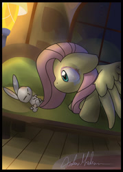 Size: 1500x2100 | Tagged: safe, artist:nerow94, angel bunny, fluttershy, pegasus, pony, rabbit, animal, duo, female, floppy ears, indoors, looking at someone, looking down, mare, spread wings, teary eyes, wings, wings down, worried