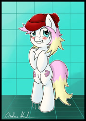 Size: 1500x2100 | Tagged: safe, artist:nerow94, oc, oc only, pony, bipedal, blushing, chest fluff, female, hat, solo