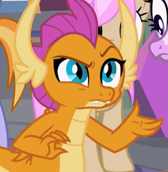 Size: 849x866 | Tagged: safe, screencap, auburn vision, silverstream, smolder, strawberry scoop, classical hippogriff, dragon, hippogriff, school raze, cropped, friendship student, raised eyebrow, solo focus