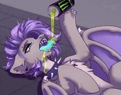 Size: 3800x3000 | Tagged: safe, artist:konejo, oc, oc only, oc:poisoned calluna, bat, bat pony, pony, chest fluff, collar, controller, cross, drink, drinking, ear fluff, ear piercing, eyebrow piercing, fangs, female, high res, lying down, monster energy, piercing, pouring, smiling, solo, spiked collar, wings