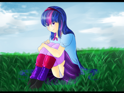 Size: 1200x900 | Tagged: safe, artist:umimizunone, twilight sparkle, human, equestria girls, g4, clothes, female, grass, human coloration, panties, socks, solo, stockings, thigh highs, underwear
