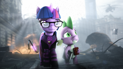 Size: 7680x4320 | Tagged: safe, artist:lagmanor, spike, twilight sparkle, alicorn, dragon, pony, g4, 3d, absurd file size, absurd resolution, bag, blurry background, book, building, burning, city, city 17, cityscape, combine, crepuscular rays, crossover, crowbar, debris, dirt, dirty, dust, ears, eyebrows, fire, fog, glasses, half-life, helicopter, hev suit, holding, horn, lambda, looking sideways, magic, magic aura, mane, ruins, sad, scared, source filmmaker, sunlight, telekinesis