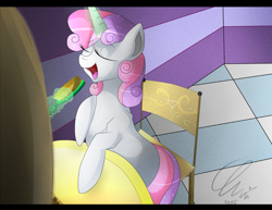Size: 1100x850 | Tagged: safe, artist:umimizunone, sweetie belle, pony, unicorn, g4, blank flank, brush, chair, cute, diasweetes, eyes closed, female, glowing, glowing horn, hairbrush, horn, levitation, magic, open mouth, singing, solo, sweetie belle's magic brings a great big smile, telekinesis