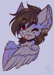 Size: 1489x2047 | Tagged: safe, artist:falafeljake, oc, oc only, oc:aliceg, pegasus, pony, ;p, bust, cute, ear piercing, forked tongue, ocbetes, one eye closed, piercing, solo, tongue out, wings, wink