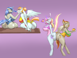 Size: 2000x1500 | Tagged: safe, artist:lurking tyger, oc, oc only, oc:clumsy carrot, oc:dental authority, oc:exquisite attire, oc:instant care, earth pony, pegasus, unicorn, anthro, unguligrade anthro, ass, big breasts, blushing, breasts, butt, butt bump, butt to butt, butt touch, cake, candy, clothes, commissioner:bigonionbean, dessert, eating, embarrassed, female, flank, food, fusion, fusion:carrot top, fusion:derpy hooves, fusion:fleur-de-lis, fusion:golden harvest, fusion:lightning dust, fusion:mayor mare, fusion:nurse redheart, fusion:sassy saddles, glasses, gloves, hair bun, huge butt, implied tail hole, large butt, levitation, magic, mare, maw, one-piece swimsuit, open mouth, shocked, shocked expression, sitting, surprised, sweets, swimsuit, tail, telekinesis, the ass was fat, wall of tags, wide hips, writer:bigonionbean