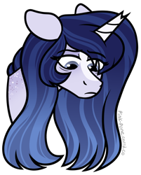 Size: 578x718 | Tagged: safe, artist:pink-pone, oc, oc only, oc:moonlight melody, pony, unicorn, bags under eyes, broken horn, bust, eye clipping through hair, eyebrows, eyebrows visible through hair, female, frown, horn, looking down, mare, simple background, solo, transparent background, unicorn oc