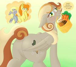 Size: 6744x6016 | Tagged: safe, artist:moonsacher, carrot top, derpy hooves, golden harvest, oc, oc:clumsy carrot, earth pony, pegasus, pony, g4, basket, carrot, commissioner:bigonionbean, embarrassed, female, food, fusion, fusion:carrot top, fusion:derpy hooves, fusion:golden harvest, looking at you, looking back, mare, muffin, shocked, thought bubble, writer:bigonionbean