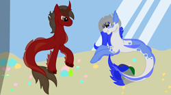 Size: 1800x1000 | Tagged: safe, artist:ahaintthatbad, oc, oc only, hybrid, merpony, pony, seapony (g4), unicorn, annoyed, dorsal fin, female, fins, fish tail, flowing mane, flowing tail, horn, looking at each other, looking at someone, male, mare, ocean, scales, seaponified, smiling, species swap, stallion, swimming, tail, teeth, underwater, unshorn fetlocks, water