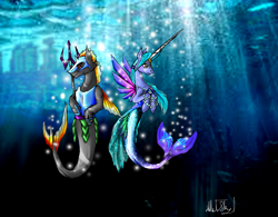 Size: 1860x1454 | Tagged: safe, artist:hills-to-sky, oc, oc only, hybrid, merpony, pony, seapony (g4), unicorn, armor, bubble, crepuscular rays, digital art, dorsal fin, female, fins, fish tail, guard, helmet, horn, jewelry, long horn, male, mare, mermaid tail, necklace, ocean, pearl necklace, scales, signature, stallion, sunlight, swimming, tail, trident, underwater, water