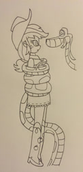 Size: 1496x3071 | Tagged: safe, artist:lunahazacookie, applejack, human, equestria girls, g4, boots, coils, duo, female, hat, hypno eyes, hypnojack, hypnosis, kaa, kaa eyes, lineart, male, shoes, sketch, traditional art