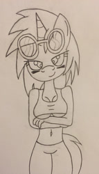 Size: 1690x2959 | Tagged: safe, artist:lunahazacookie, dj pon-3, vinyl scratch, anthro, g4, clothes, crossed arms, eyelashes, female, lineart, smiling, solo, sunglasses, traditional art