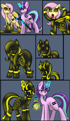 Size: 2399x4096 | Tagged: safe, artist:askhypnoswirl, fluttershy, starlight glimmer, goo, goo pony, original species, pegasus, pony, unicorn, g4, :p, ahegao, character to character, cloning, comic, duo, ear penetration, equal cutie mark, equalized, eyebrows, eyebrows visible through hair, eyes closed, eyes rolling back, female, folded wings, glowing, glowing horn, high res, horn, hypno eyes, hypnoshy, hypnosis, hypnotized, kaa eyes, levitation, lidded eyes, literal mindfuck, looking at you, magic, mare, no eyes, no mouth, open mouth, penetration, potion, race swap, s5 starlight, self paradox, self ponidox, simple background, smiling, smirk, telekinesis, tongue out, transformation, transformation sequence, twinning, wings, yellow eyes