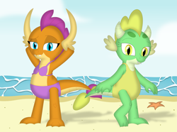 Size: 3485x2596 | Tagged: safe, artist:porygon2z, smolder, oc, oc:jade, dragon, starfish, g4, beach, clothes, dragoness, female, high res, outdoors, purple bikini, purple swimsuit, swimsuit, yellow swimsuit