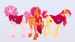 Size: 1295x734 | Tagged: safe, artist:traceofhappiness, artist:traceofstardust, apple bloom, scootaloo, sweetie belle, earth pony, pegasus, pony, unicorn, g4, alternate cutie mark, alternate hairstyle, bandage, bow, cape, clothes, cmc cape, colored hooves, cutie mark crusaders, eyeshadow, female, freckles, grin, hair bow, hoof fluff, hooves, looking at you, makeup, mare, older, older apple bloom, older cmc, older scootaloo, older sweetie belle, realistic horse legs, scar, simple background, smiling, smiling at you, sparkles, standing, tail, tail wrap, trio, trio female, unshorn fetlocks