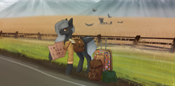 Size: 4134x2039 | Tagged: safe, artist:chrystal2288, oc, oc only, oc:ashy wings (ice1517), bird, pegasus, pony, bag, clothes, commission, compass, female, fence, food, grass, hitchhiking, map, mare, raised hoof, road, saddle bag, scarecrow, shirt, sign, solo, suitcase, wheat, ych result