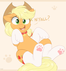 Size: 1215x1300 | Tagged: safe, artist:higgly-chan, applejack, cat, cat pony, earth pony, hybrid, original species, pony, applecat, applejack's hat, behaving like a cat, bell, bell collar, cheek fluff, clothes, collar, cowboy hat, cute, eye clipping through hair, eyebrows, eyebrows visible through hair, female, floppy ears, happy, hat, jackabetes, looking at you, lying down, mare, nya, on back, open mouth, paw pads, paw socks, smiling, socks, solo, stockings, stupid sexy applejack, thigh highs, y'all