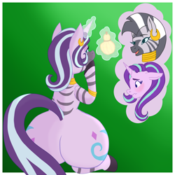 Size: 3543x3543 | Tagged: safe, artist:moonsacher, starlight glimmer, zecora, oc, oc:voodoo charms, earth pony, pony, unicorn, zebra, g4, blushing, both cutie marks, bracelet, butt, commissioner:bigonionbean, ear piercing, earring, embarrassed, female, flank, food, fruit, fusion, fusion:starlight glimmer, fusion:zecora, high res, huge butt, jewelry, large butt, magic, mare, necklace, pear, pear shaped, piercing, plot, sitting, thought bubble, writer:bigonionbean