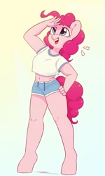 Size: 636x1062 | Tagged: safe, artist:melodylibris, pinkie pie, earth pony, anthro, unguligrade anthro, belly button, clothes, female, gradient background, hand on hip, happy, looking up, mare, midriff, open mouth, open smile, shorts, smiling, solo