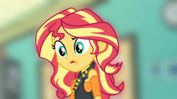 Size: 3416x1920 | Tagged: safe, edit, edited screencap, editor:itsmgh1203, screencap, sunset shimmer, human, equestria girls, equestria girls specials, g4, my little pony equestria girls: better together, my little pony equestria girls: forgotten friendship, blurry background, breasts, clothes, confused, cutie mark on clothes, female, geode of empathy, high res, jewelry, leather, leather vest, magical geodes, necklace, open mouth, solo, upscaled, vest