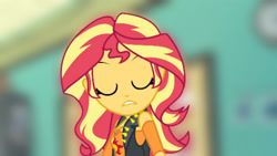 Size: 3416x1920 | Tagged: safe, edit, edited screencap, editor:itsmgh1203, screencap, sunset shimmer, human, equestria girls, equestria girls specials, g4, my little pony equestria girls: better together, my little pony equestria girls: forgotten friendship, blurry background, breasts, clothes, confused, cutie mark on clothes, eyes closed, female, geode of empathy, high res, jewelry, leather, leather vest, magical geodes, necklace, solo, upscaled, vest