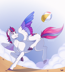 Size: 2500x2778 | Tagged: safe, artist:shchavel, zipp storm, pegasus, pony, g5, my little pony: a new generation, my little pony: tell your tale, art, ball, beach, beach ball, butt, cloud, colored wings, commission open, ear fluff, eyebrows, fanart, female, grin, high res, hoers, mare, multicolored wings, plot, sand, slender, smiling, solo, spread wings, sternocleidomastoid, thin, underhoof, wings, zippbutt