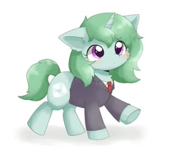 Size: 1200x1021 | Tagged: safe, artist:ginmaruxx, oc, oc only, oc:kazumi, pony, unicorn, :<, :c, >:c, blushing, business suit, cheek fluff, clothes, cute, ear fluff, female, floppy ears, frown, glare, horn, mare, necktie, ocbetes, one ear down, raised hoof, raised leg, serious, serious face, simple background, solo, suit, underhoof, walking, white background