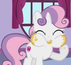 Size: 1050x960 | Tagged: safe, screencap, sweetie belle, pony, unicorn, 28 pranks later, g4, aweeg*, cake, cute, diasweetes, eyes closed, female, filly, foal, food, messy eating, puffy cheeks, solo, window