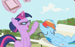 Size: 608x386 | Tagged: safe, screencap, rainbow dash, twilight sparkle, pegasus, pony, unicorn, g4, lesson zero, season 2, alternate hairstyle, animated, bench, chair, clipboard, cute, dashabetes, duo, duo female, eyes closed, feather, female, floppy ears, frown, gif, glasses, glowing, glowing horn, hair bun, head pat, horn, i watch it for the ears, lying down, magic, magic aura, mare, nudge, on back, open mouth, open smile, paper, pat, quill, rainbow dash is not amused, sitting, smiling, telekinesis, tree, twiabetes, twilight's professional glasses, unamused, unicorn twilight