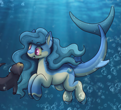 Size: 1651x1500 | Tagged: safe, artist:sursiq, oc, oc:naomi, original species, otter, pony, shark, shark pony, bubble, eyelashes, female, fish tail, flowing mane, full body, gills, gradient hooves, gradient mane, gradient tail, grin, happy, ocean, pink eyes, pony oc, shading, shark pony oc, shark tail, sharp teeth, shiny mane, smiling, solo, swimming, tail, teeth, underwater, water, watermark, yellow sclera